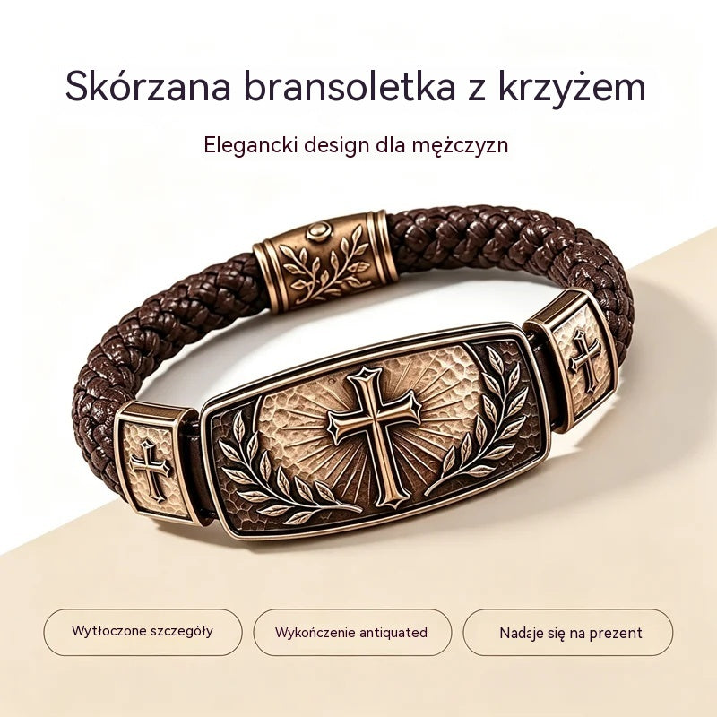 Męska pleciona skórzana bransoletka z krzyżem i wieńcem oliwnym, metal w stylu vintage, prezent specjalny