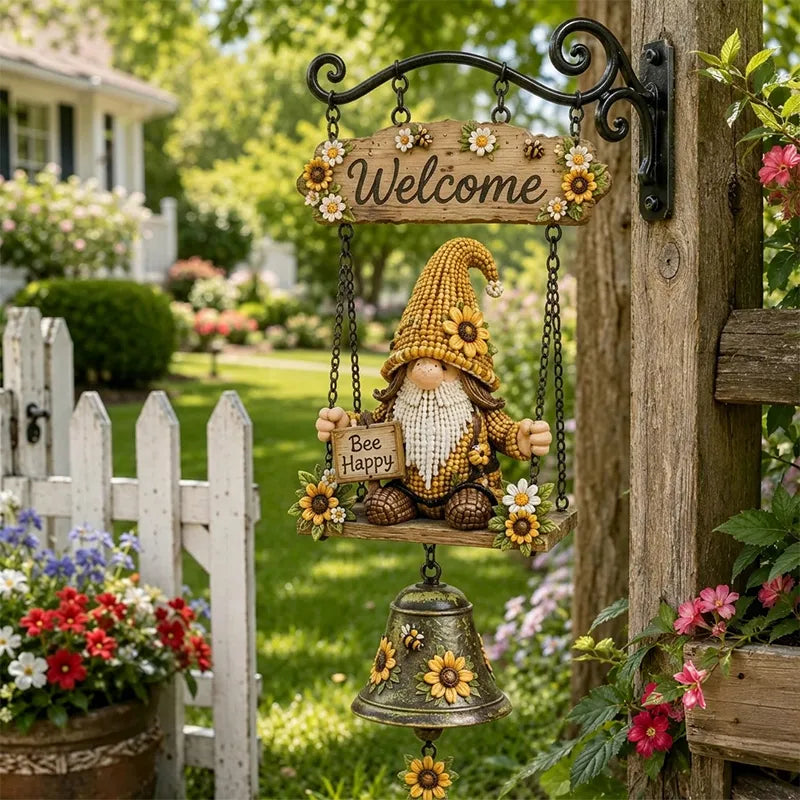 🔥Dzwonek powitalny z ogrodowym krasnalem ✨ tabliczka „Welcome”, brązowy dzwonek w stylu retro, żeliwny uchwyt ścienny.