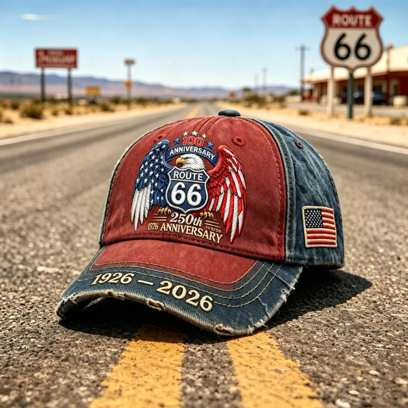 Regulowana czapka baseballowa w stylu retro Route 66, idealny wybór dla miłośników kolarstwa.