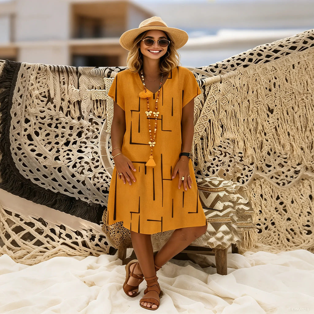 🔥Hit Sprzedaży 【Rabat 50%】👗【S–5XL】Nowa sukienka z bawełny i lnu z dekoltem w serek i nadrukiem
