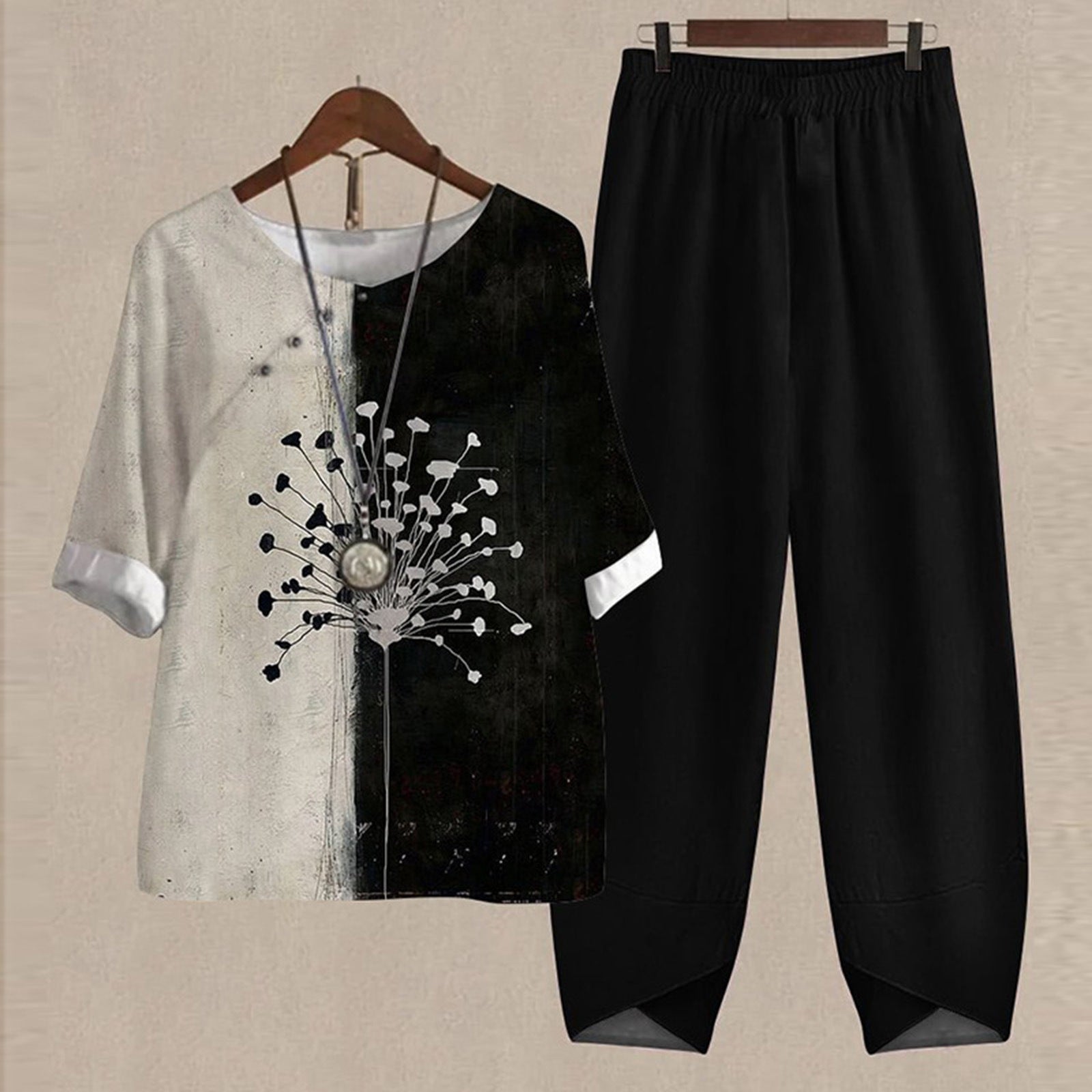 Nowości - 50% zniżki [M-5XL] Lekki i przewiewny komplet damski - koszula z nadrukiem + spodnie