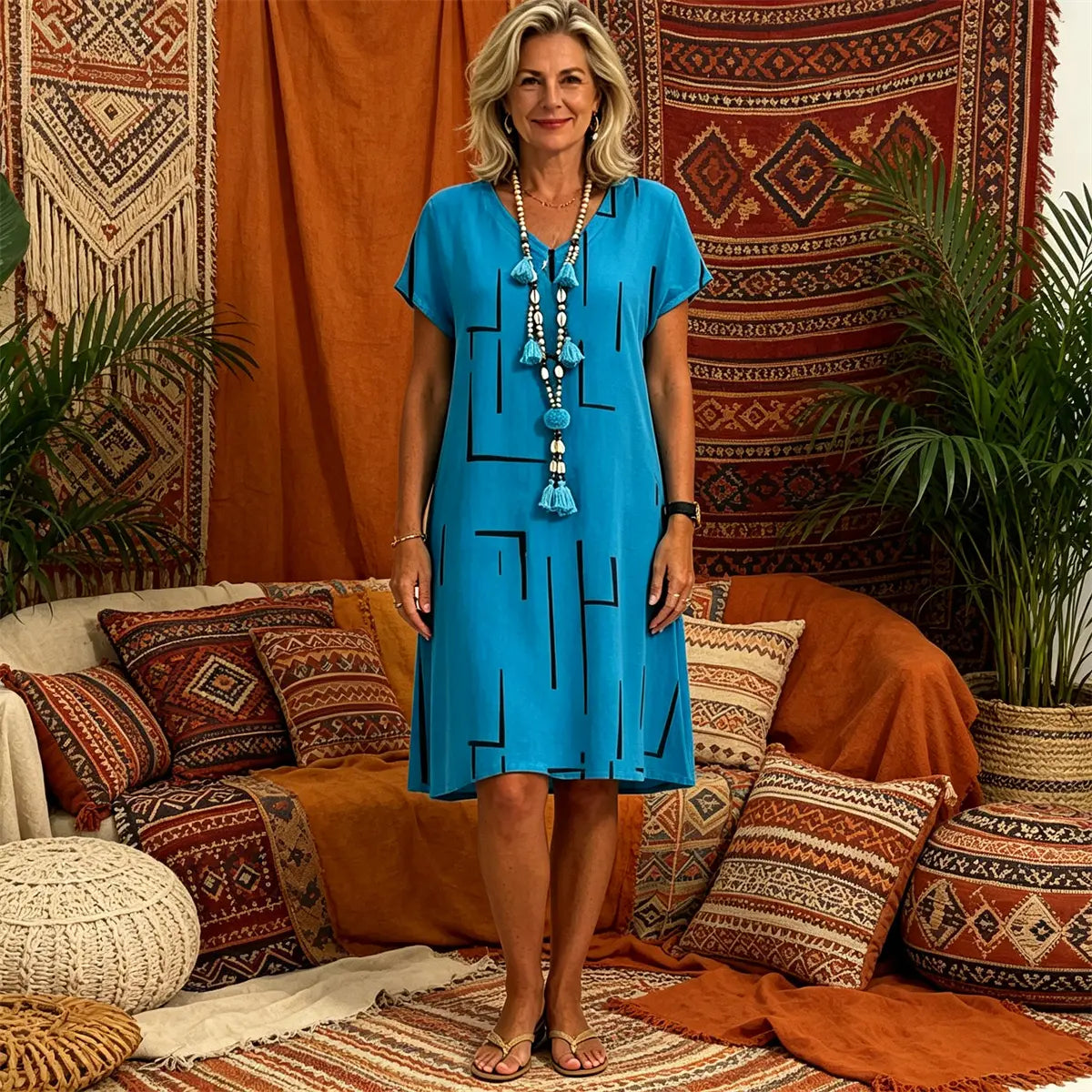 🔥Hit Sprzedaży 【Rabat 50%】👗【S–5XL】Nowa sukienka z bawełny i lnu z dekoltem w serek i nadrukiem