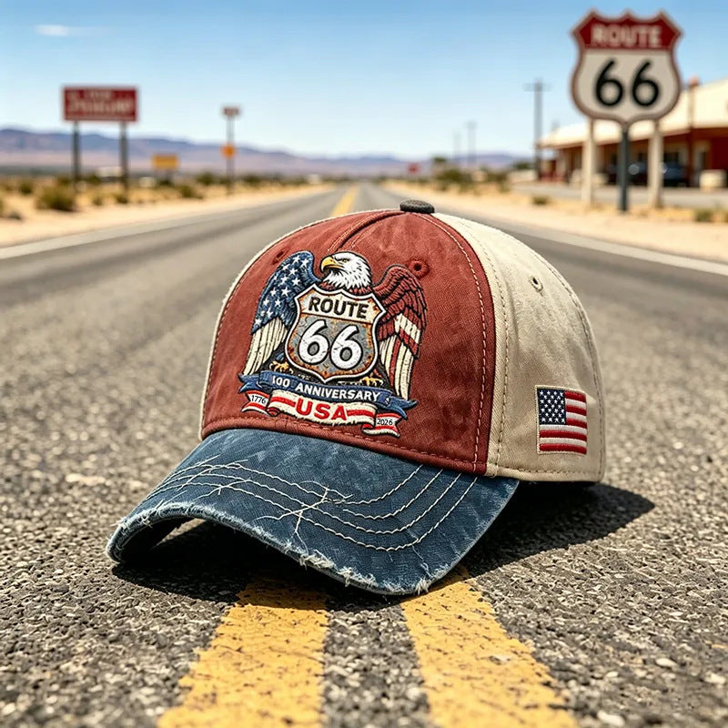 Regulowana czapka baseballowa w stylu retro Route 66, idealny wybór dla miłośników kolarstwa.