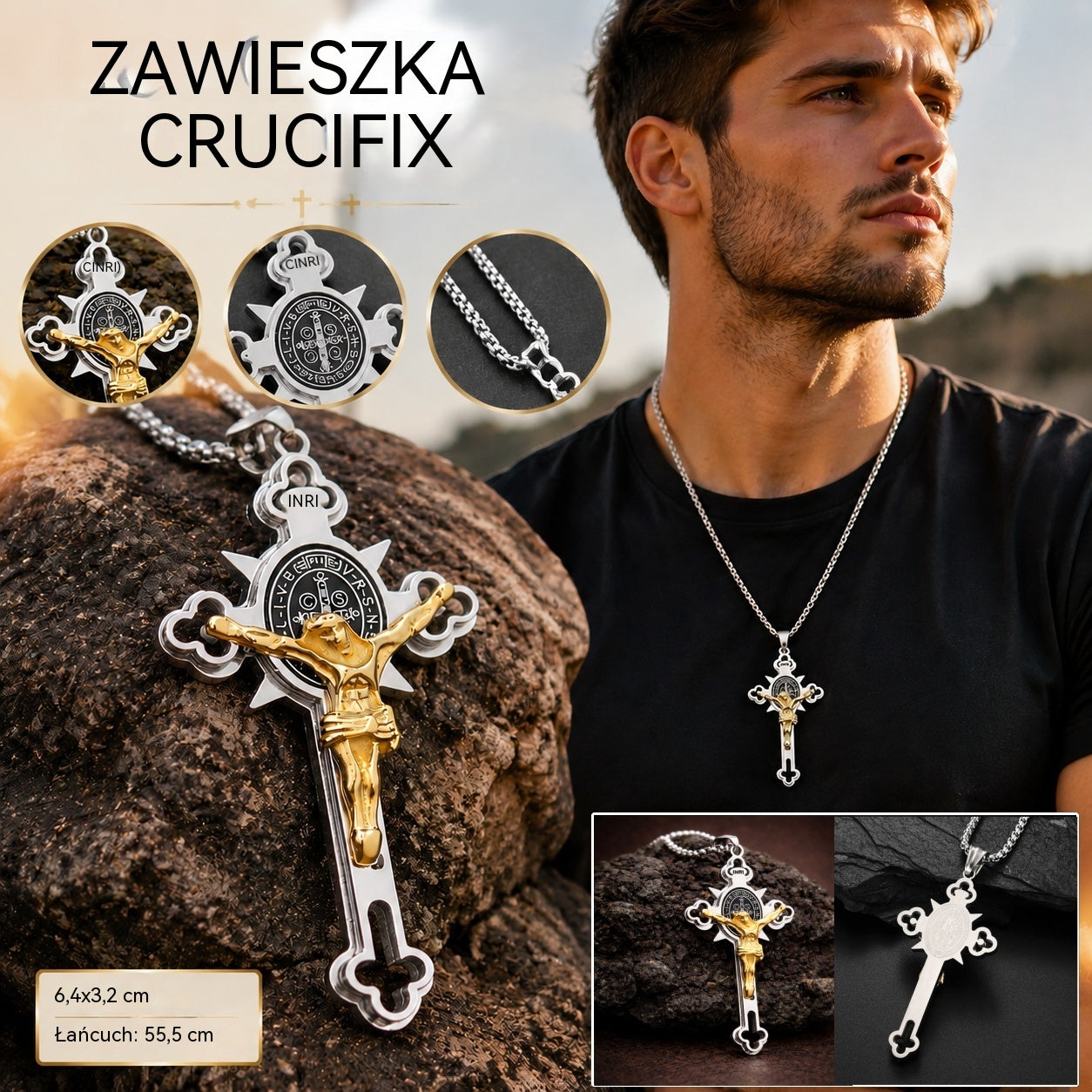 Wisiorek w stylu vintage z krzyżem – odporny na matowienie wisiorek św. Benedykta z regulowanym łańcuszkiem