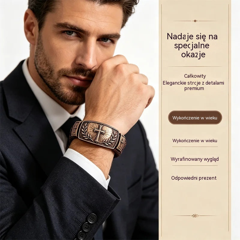 Męska pleciona skórzana bransoletka z krzyżem i wieńcem oliwnym, metal w stylu vintage, prezent specjalny