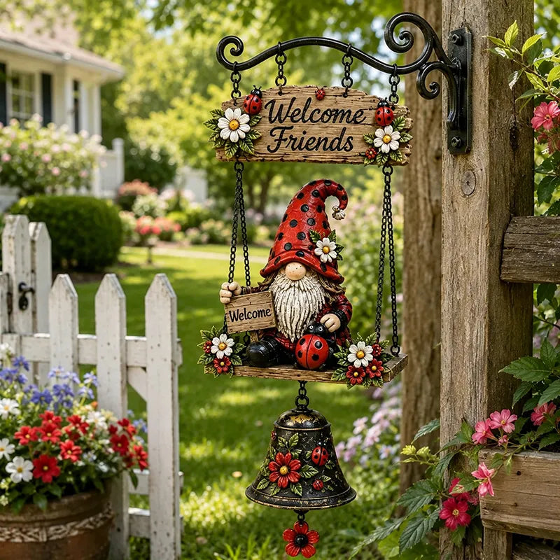 50% OFF！Dzwonek powitalny z krasnalem ogrodowym, tabliczka „Welcome”, retro dzwonek z brązu, żelazny uchwyt ścienny, dekoracja do ogrodu, na taras i podwórko.