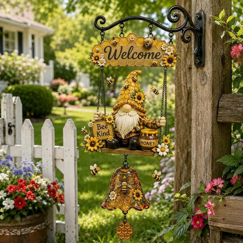 50% OFF！Dzwonek powitalny z krasnalem ogrodowym, tabliczka „Welcome”, retro dzwonek z brązu, żelazny uchwyt ścienny, dekoracja do ogrodu, na taras i podwórko.
