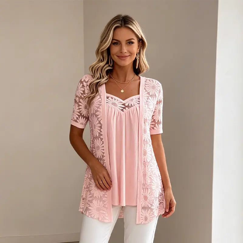 Elegancka bluzka 2 w 1 z koronką i siateczką – wysmuklający krój maskujący brzuch
