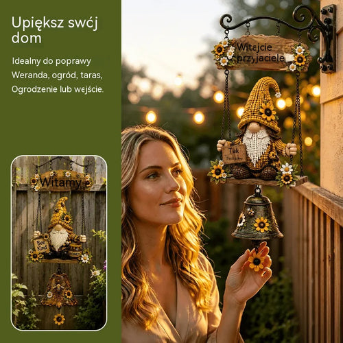 50% OFF！Dzwonek powitalny z krasnalem ogrodowym, tabliczka „Welcome”, retro dzwonek z brązu, żelazny uchwyt ścienny, dekoracja do ogrodu, na taras i podwórko.