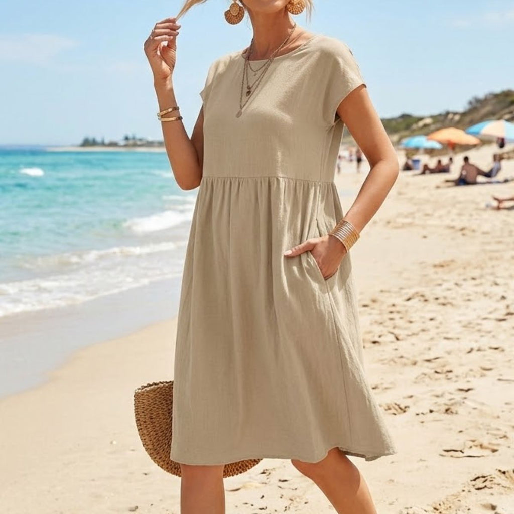 😍【Promocja na zmianę sezonu】👗【Rozmiary S-5XL】 Damska sukienka lniano-bawelniana nowość 2026, z dekoltem okrągłym, wygodnym krojem