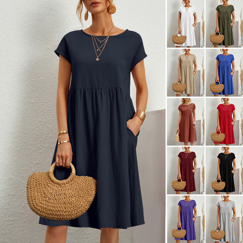 😍【Promocja na zmianę sezonu】👗【Rozmiary S-5XL】 Damska sukienka lniano-bawelniana nowość 2026, z dekoltem okrągłym, wygodnym krojem