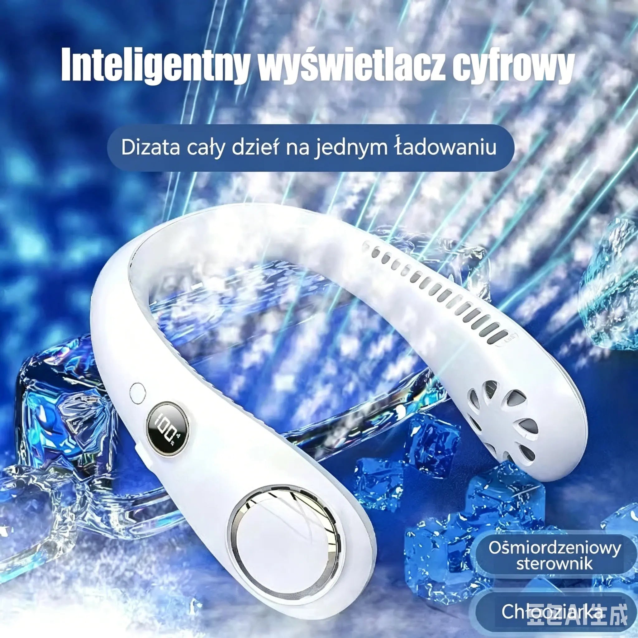 Bezprzewodowy wentylator na szyję na lato, z funkcją chłodzenia i wyświetlaczem.