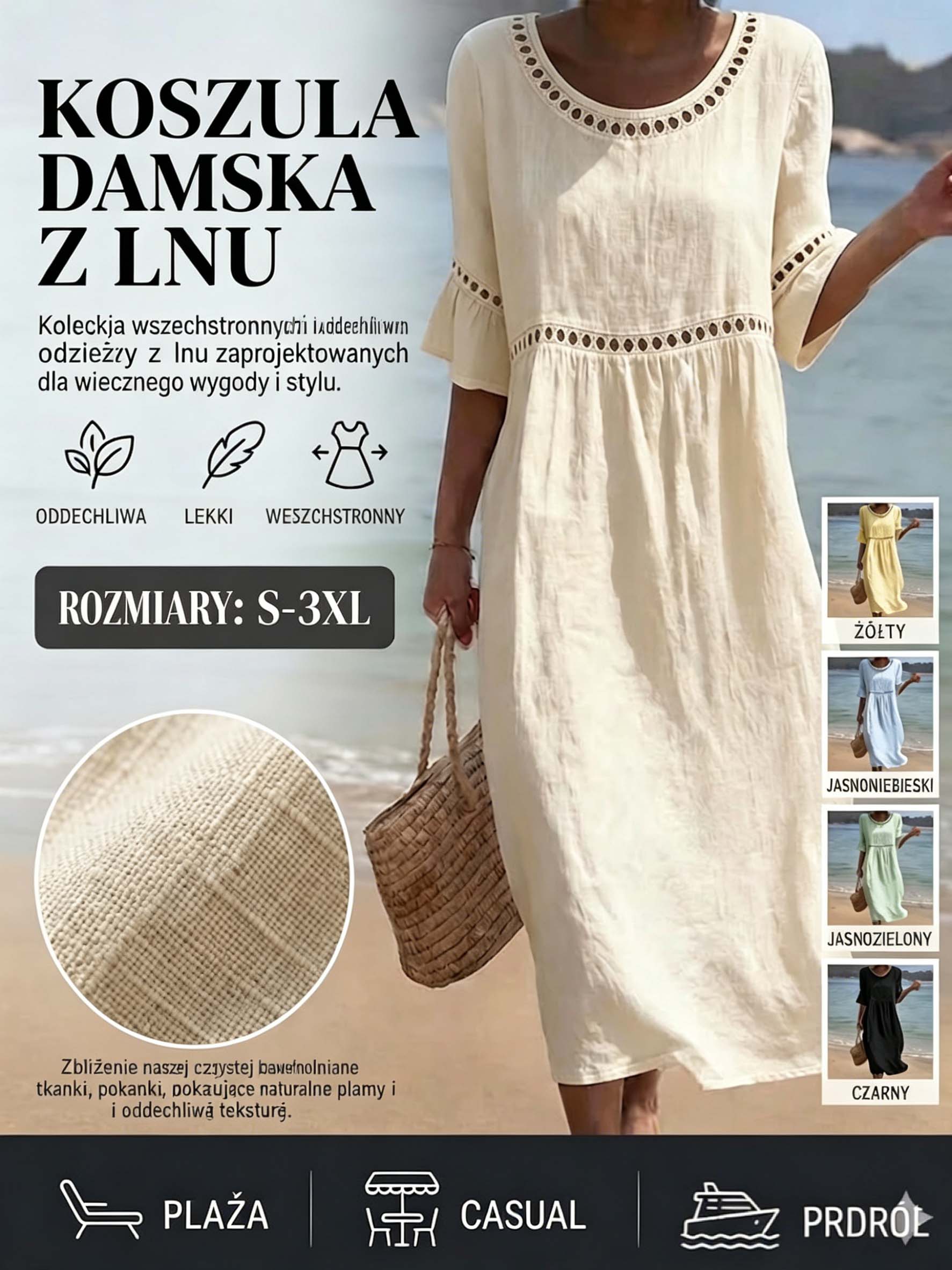 Damska sukienka z bawełny i lnu z bufiastymi rękawami, oddychająca