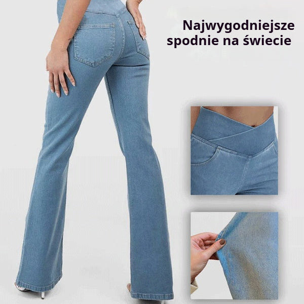 Wysokiej talii dżinsy szerokie nogawki, modelujące pośladki