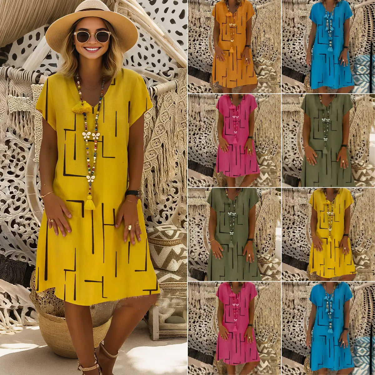 🔥Hit Sprzedaży 【Rabat 50%】👗【S–5XL】Nowa sukienka z bawełny i lnu z dekoltem w serek i nadrukiem
