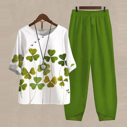 Nowości - 50% zniżki [M-5XL] Lekki i przewiewny komplet damski - koszula z nadrukiem + spodnie