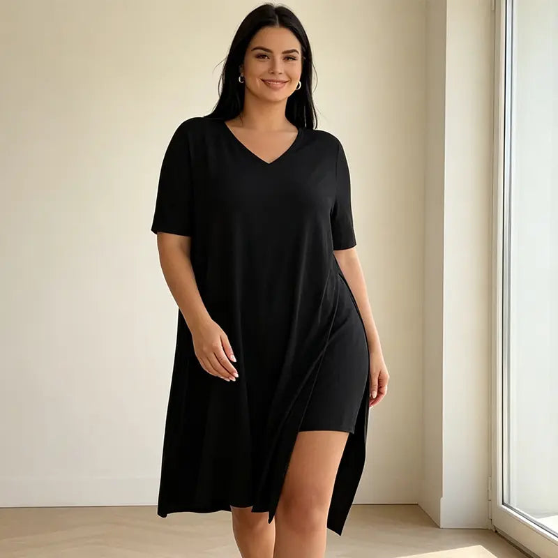 Damski letni komplet 2-częściowy Plus Size – długa koszulka z bocznym rozcięciem i szorty, miękki, elastyczny i przewiewny materiał