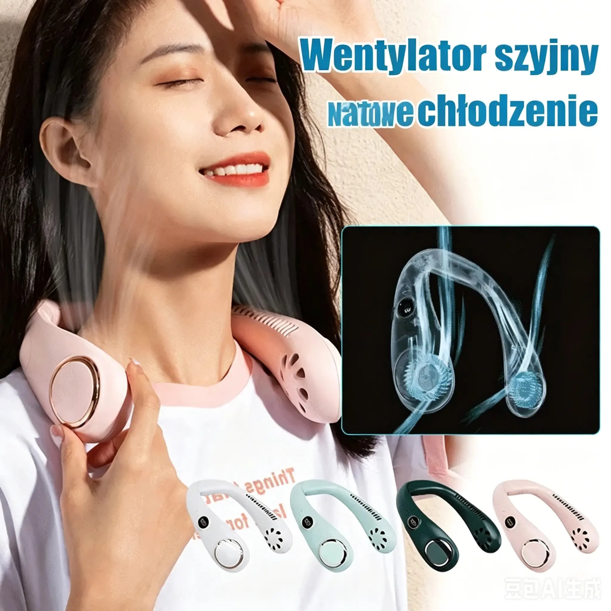 Bezprzewodowy wentylator na szyję na lato, z funkcją chłodzenia i wyświetlaczem.
